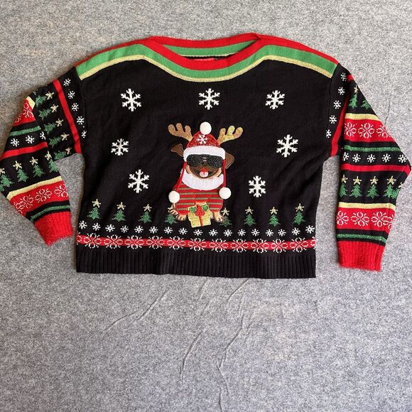 Blizzard Bay Ugly Christmas Sweater Women’s Large‎ Black Red Dog Pug Boat Neck - Picture 1 of 6